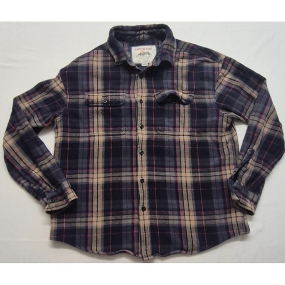 American Eagle men's plaid long sleeve button up flannel shirt LG 100% Cotton - Picture 2 of 16